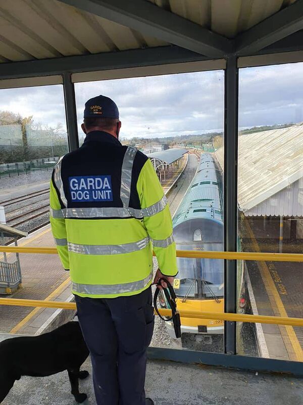 The Garda Dog Unit was on patrol at Mallow Train Station in a joint operation with the Mallow Drugs Unit. Source: Garda Síochana, Cork Kerry and Limerick Southern Region Facebook page.