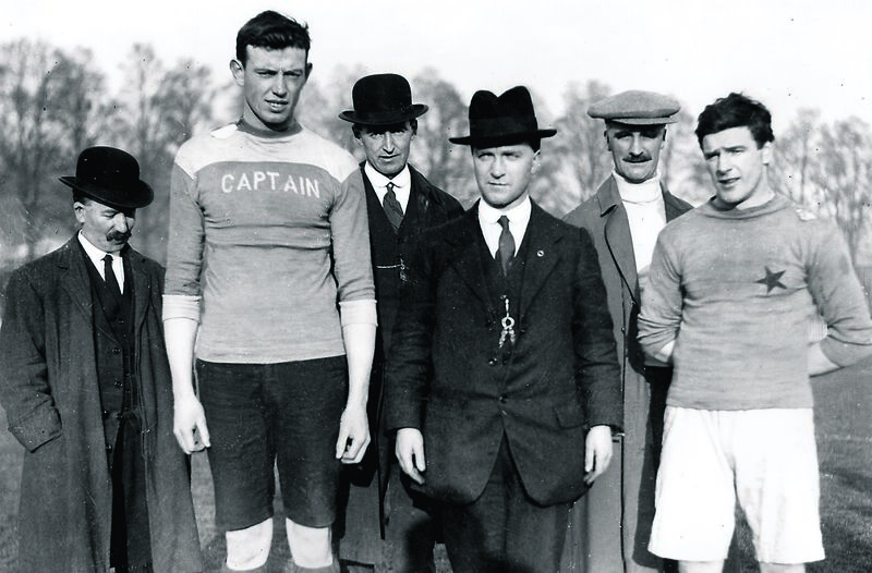 Tom Irwin, second from right, seen here just months before he disappeared, prior to refereeing a Cork v Clare football match in 1920. Also in picture from left M P O’Sullivan (Treasurer Cork GAA), J Foran (Clare), Sean McCarthy (Chairman Cork GAA), Tomás Mac Curtain (Lord Mayor) and Mick Murphy (Cork capt).