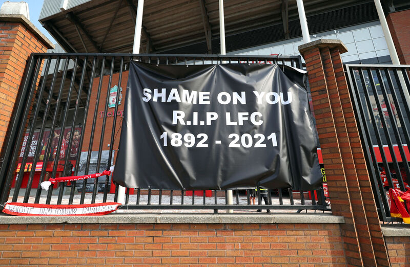 Banners outside of Anfield Stadium, Liverpool protesting against the club's decision to join the European Super League (ESL). Picture: Peter Byrne/PA Wire