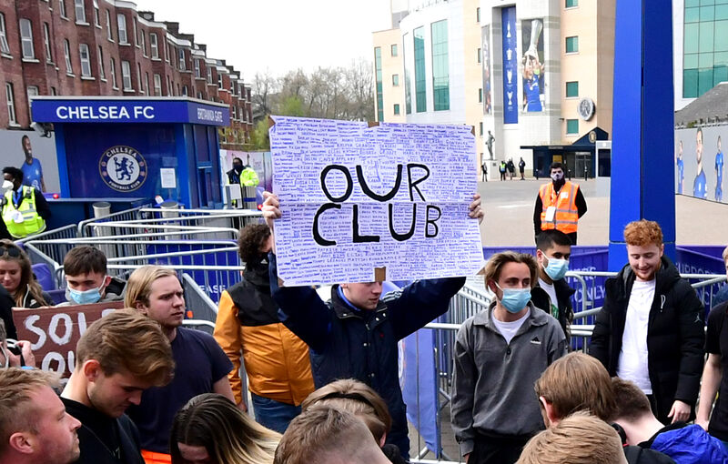 Fans protest against Chelsea's involvement in the new European Super League (ESL) outside Stamford Bridge, London prior to their game against Brighton. Picture: Ian West/PA Wire
