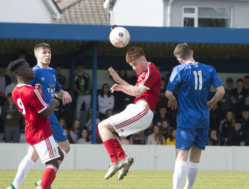 Midleton CBS' Matthew O'Reilly gets to a header in the 2019 Dr Tony O'Neill Cup final. Picture: Dave Meehan