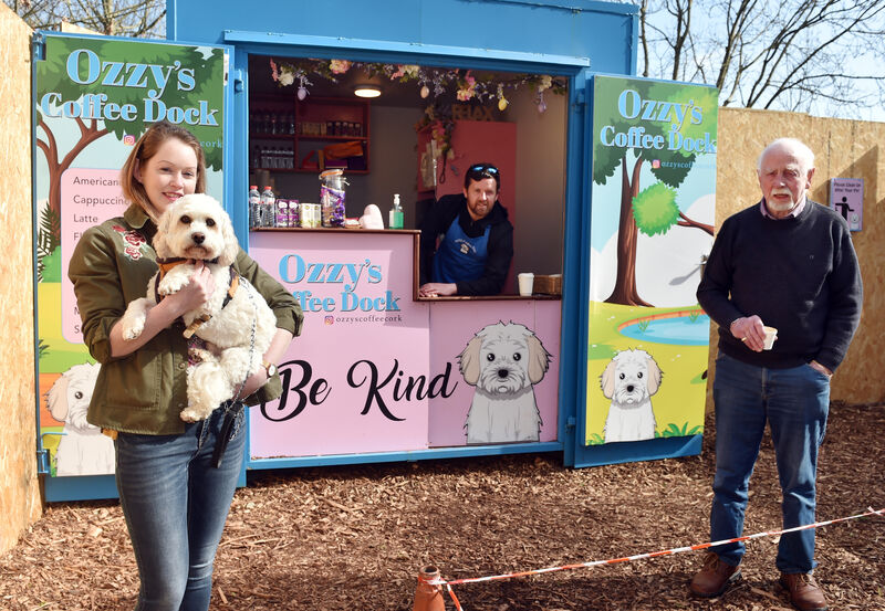 Emma Butler with Ozzy, Trevor Dickens and Jim Butler at Ozzy's coffee dock at Garryduff Woods Emma Butler with Ozzy, Trevor Dickens and Jim Butler at Ozzy's coffee dock at Garryduff Woods