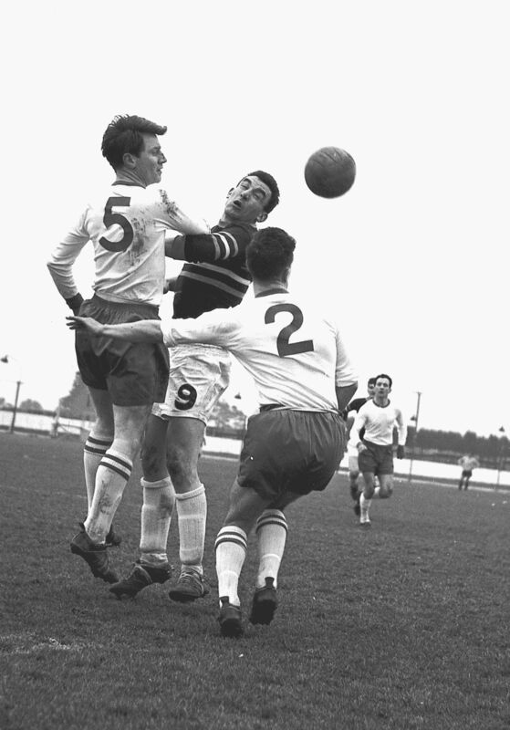 Cork Celtic's Donal Leahy gets his header in against Waterford in 1965.