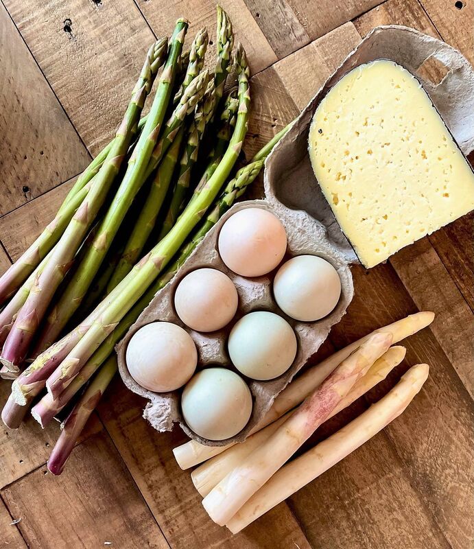 Green and White Asparagus Duck Eggs Gubeen Cheese. Picture: Kate Ryan Green and White Asparagus Duck Eggs Gubeen Cheese. Picture: Kate Ryan