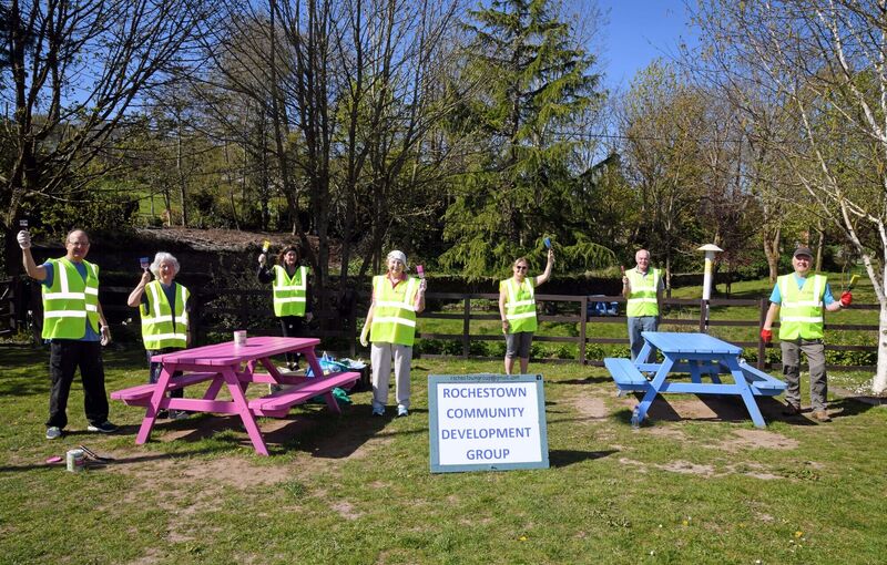 Painting picnic tables with Rochestown Community Development Group at Rochestown village green in Cork were (from left) John and Helen Fox, Joanne O'Callaghan, Liz Horgan, Marie Kenneally, Donal Collins and Pauric Macklin, chairman. Picture Denis Minihane.