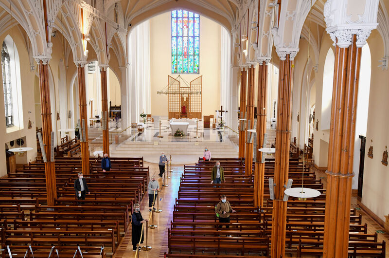 Bishop Fintan Gavin, Bishop of Cork &amp; Ross, and Fr. John O'Donovan, Adm., Cathedral of St. Mary &amp; St. Anne, Cork, joining Brian Mitchell, sacristan, and volunteers Frances O'Rourke, Bridie O'Keeffe, Geraldine Mitchell, Helen Kidney and Craig Clinton in preparing to re-open the Cathedral of St. Mary &amp; St. Anne, Cork, for public worship. Picture Denis Minihane.