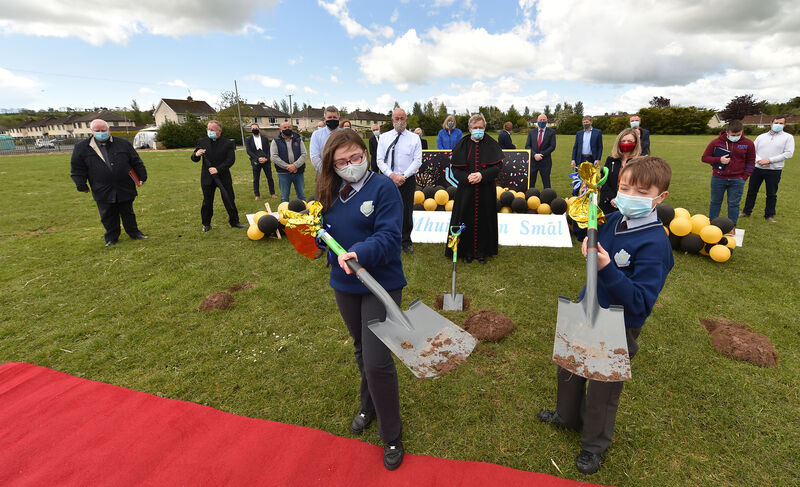  First year pupils, Shauna O'Sullivan and Jason Kolom, who along with the Bishop of Cloyne, Most Reverend William Crean turned the sod for the new Scoil Mhuire gan Smál School in Blarney, Co Cork. Also included are Deputy Vice Principal, Cathal Dodd and Principal Padraig Sheehan and Jennifer Forde, Deputy Vice Principal. Picture Dan Linehan
