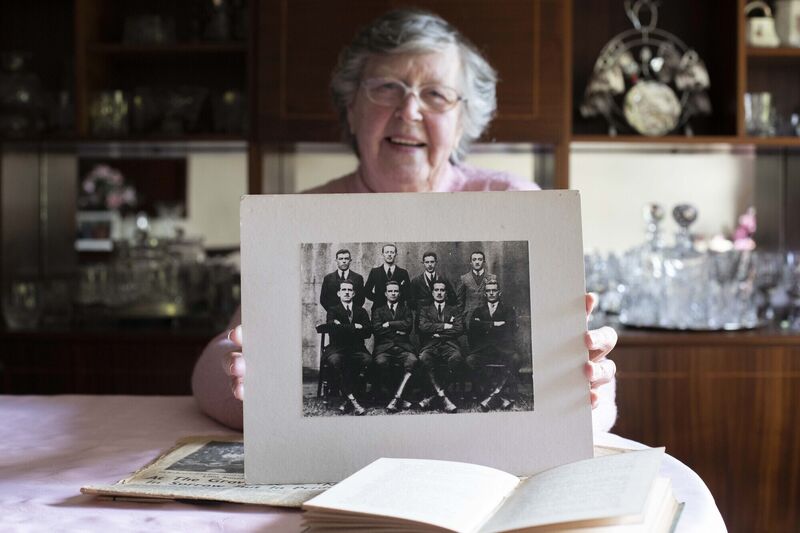 Mary Barrett with a picture of Terence MacSwiney Body guards. Picture: Clare Keogh 