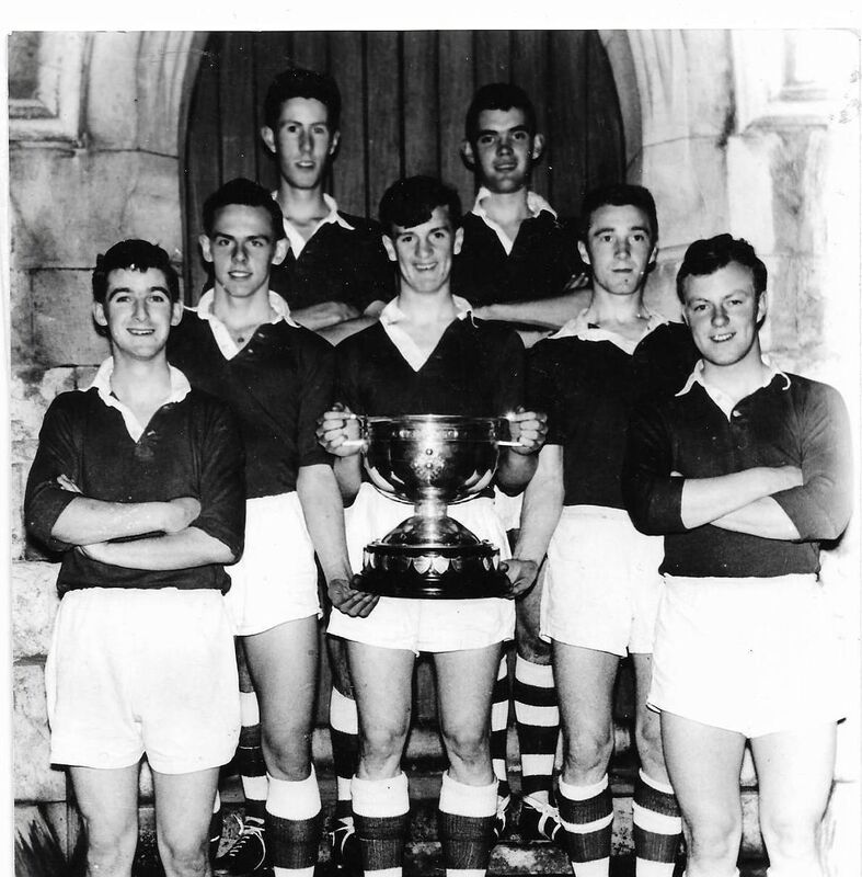 Seven members of Colaiste Chriost Rí who were members of the victorious Cork minor football team which won the title for the first time in 1961. From left: Brendan Larkin (Douglas); Frank Cogan (Nemo Rangers); Ray Cawley (do.); Donal Barrett (do.) with cup; Vincie Cronin (St. Finbarrs); Denis Philpott (do.) and Gus Harrington (do.).