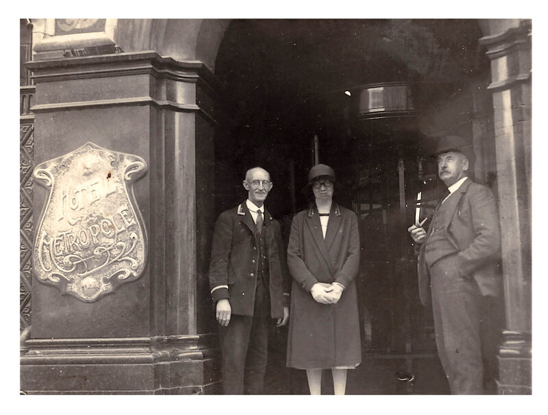 Cornelius McCarthy (left) with Charlie Chaplin in front of The Metropole along with Ms. O'Sullivan who worked at the hotel. Cornelius was the first concierge at the hotel. He worked there from 1902 to 1946