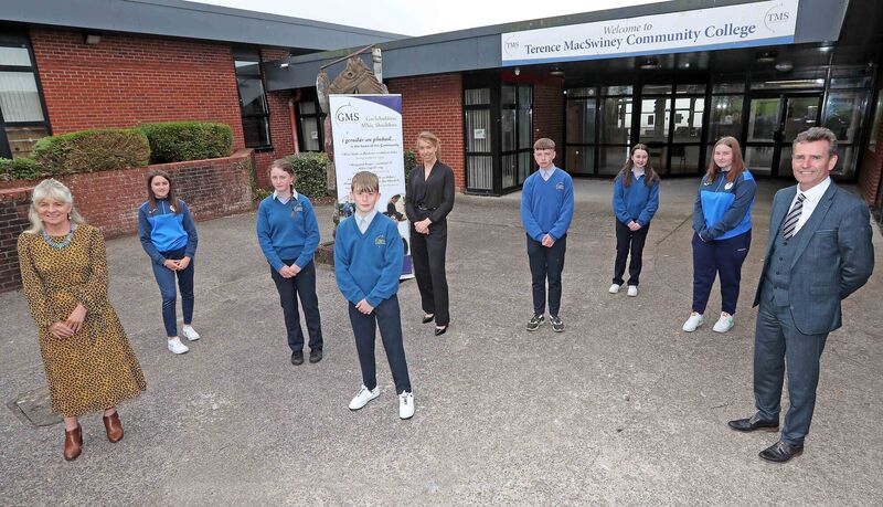 Phil O'Flynn, Principal, Hilary Nì Chonchubhair, Head of Irish Department, students, Ruby Nì Chuilinn, Jodie Nì Loingsigh, Evan O'Loinsigh, Daniel Stìobhard, Sophie Stìobhard and Julie Nìo Dhufaigh, Neil Creedon, Deputy Principal, at Terence MacSwiney Community College, Knocknaheeny, Cork.
