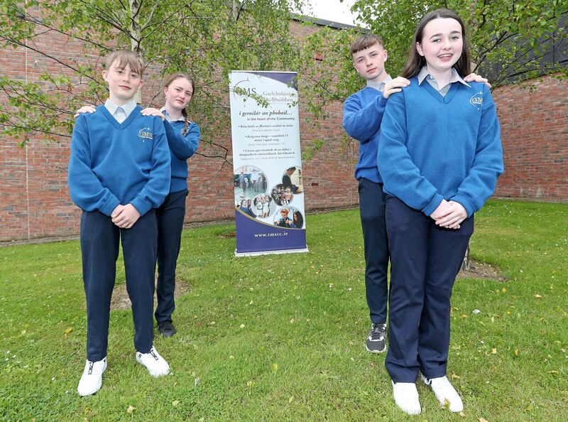 Evan O'Loinsigh and his sister Jodie Nì Loingsigh, Daniel Stìobhard and his sister Sophie Stìobhard, at Terence MacSwiney Community College, Knocknaheeny, Cork.