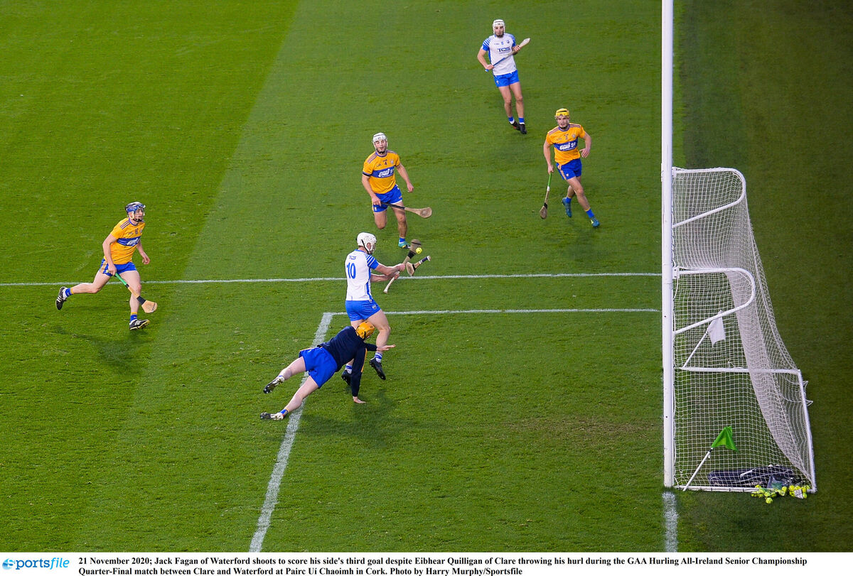 Jack Fagan of Waterford shoots to score his side's third goal despite Eibhear Quilligan of Clare throwing his hurl in last season's meeting. Picture: Harry Murphy/Sportsfile Jack Fagan of Waterford shoots to score his side's third goal despite Eibhear Quilligan of Clare throwing his hurl in last season's meeting. Picture: Harry Murphy/Sportsfile