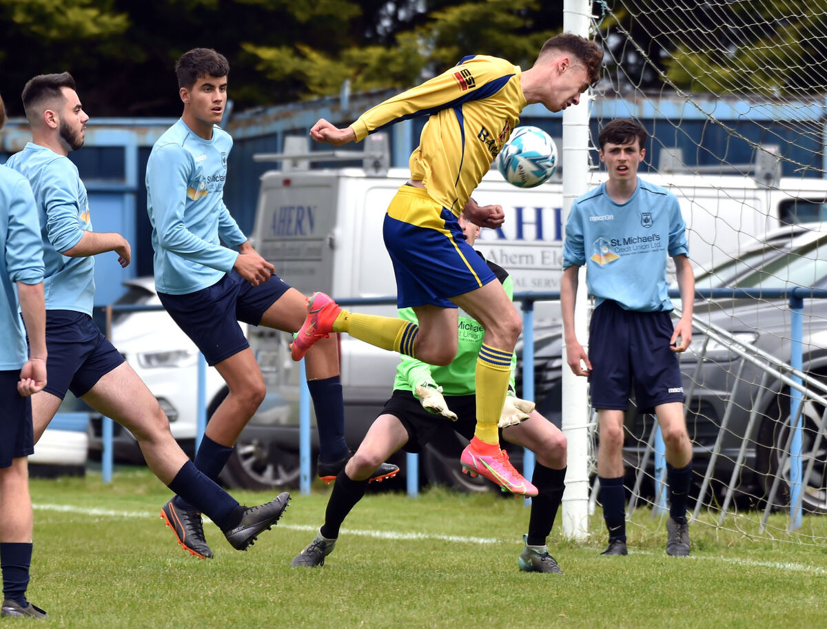 Douglas Hall's Cormac Kelly has his header saved by Avondale United goalkeeper Michael O'Neill. Picture: Eddie O'Hare
