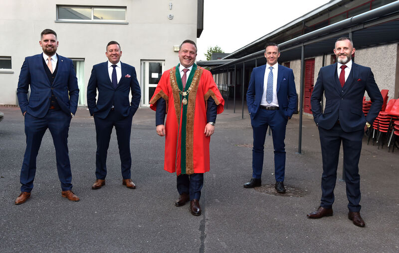 The newly elected Lord Mayor of Cork Cllr Colm Kelleher with his brothers from left, Michael, Seamus, Padraig and Don at the Mayoral election held at Colaiste Choilm, Balllincollig, Cork 