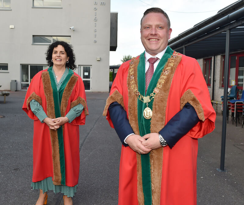 The newly elected Lord Mayor of Cork Cllr Colm Kelleher and the newly elected deputy Lord Mayor Cllr Mary Rose Desmond at the Mayoral election held at Colaiste Choilm, Balllincollig, Cork 