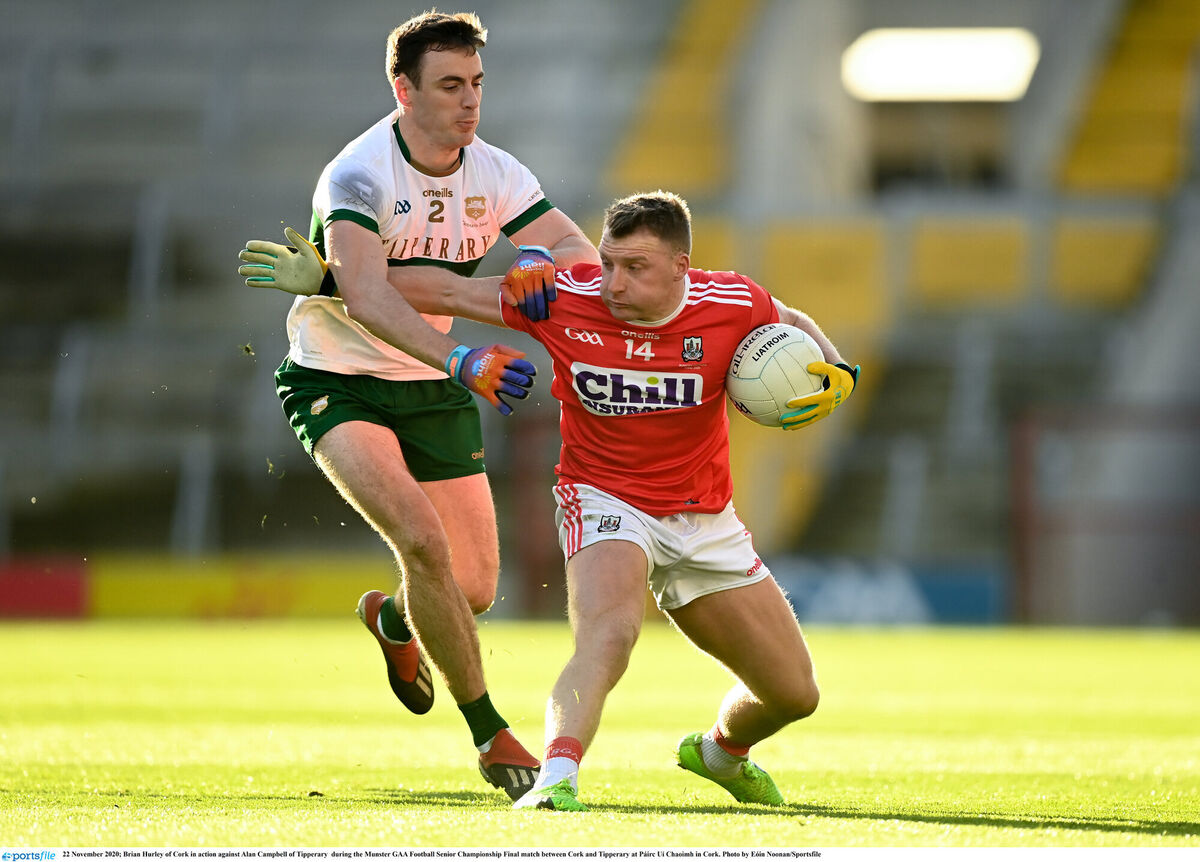 Brian Hurley of Cork in action against Alan Campbell of Tipperary in the 2020 Munster football final. Picture: Eóin Noonan/Sportsfile