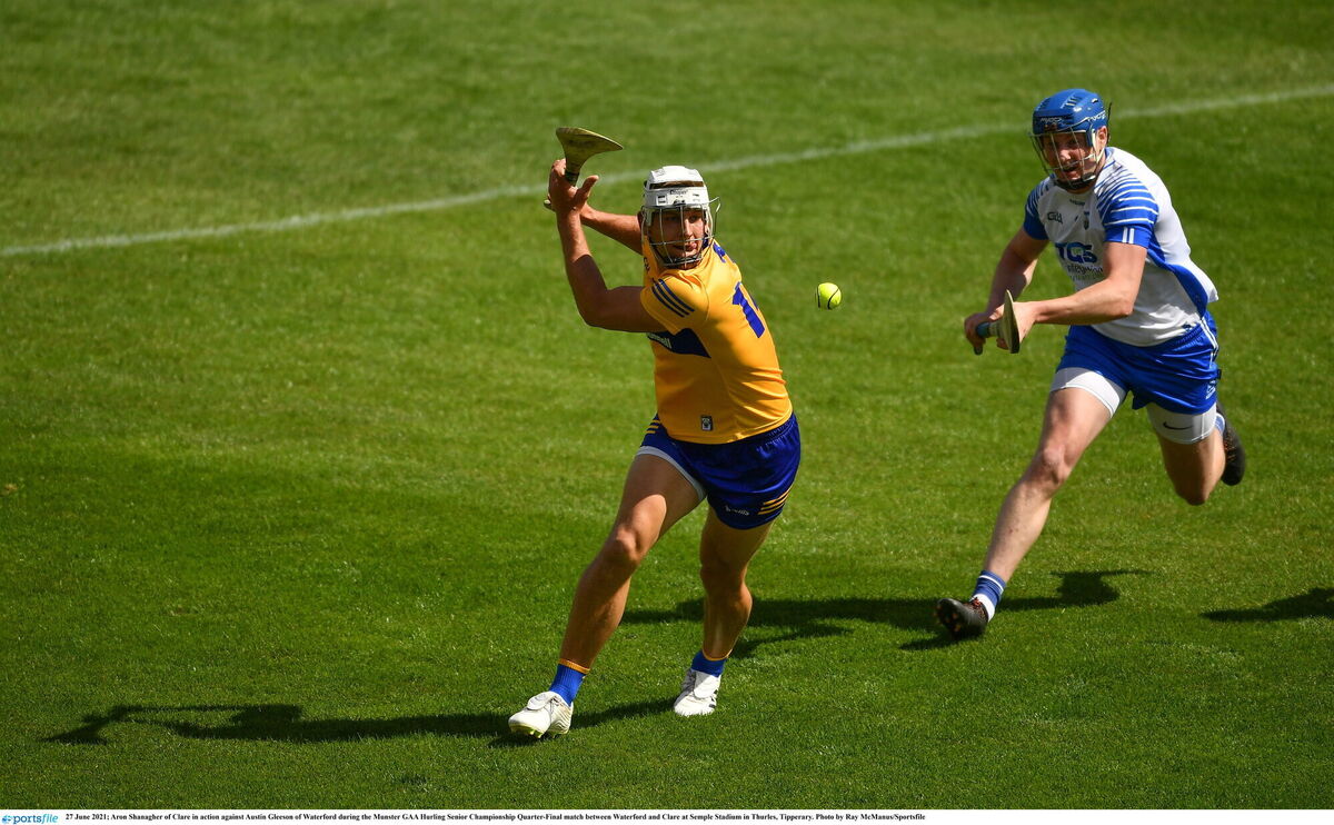Aron Shanagher of Clare in action against Austin Gleeson of Waterford in Thurles last weekend. Picture: Ray McManus/Sportsfile