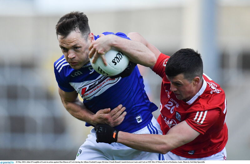 Dan Ó Duinnín challenges John O'Loughlin of Laois during the recent league game in Portlaoise. Photo by Seb Daly/Sportsfile Dan Ó Duinnín challenges John O'Loughlin of Laois during the recent league game in Portlaoise. Photo by Seb Daly/Sportsfile