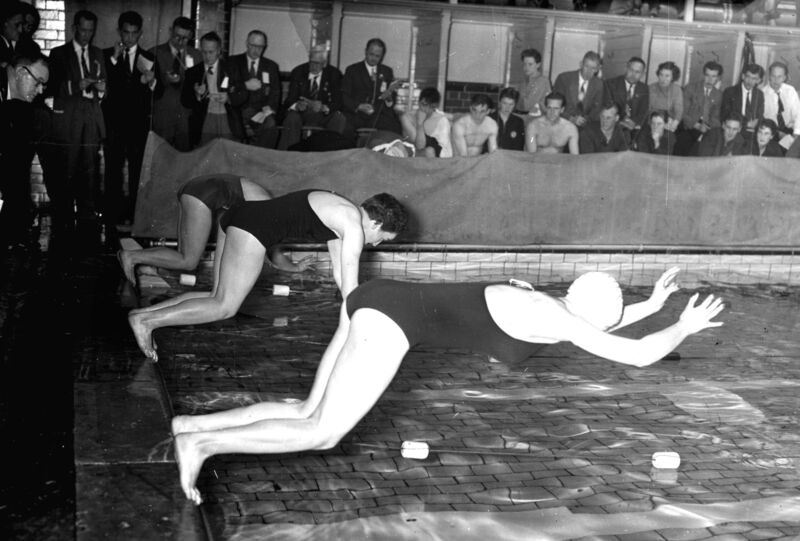Swimming gala at the indoor baths on Eglington Street in 1957. Swimming gala at the indoor baths on Eglington Street in 1957.