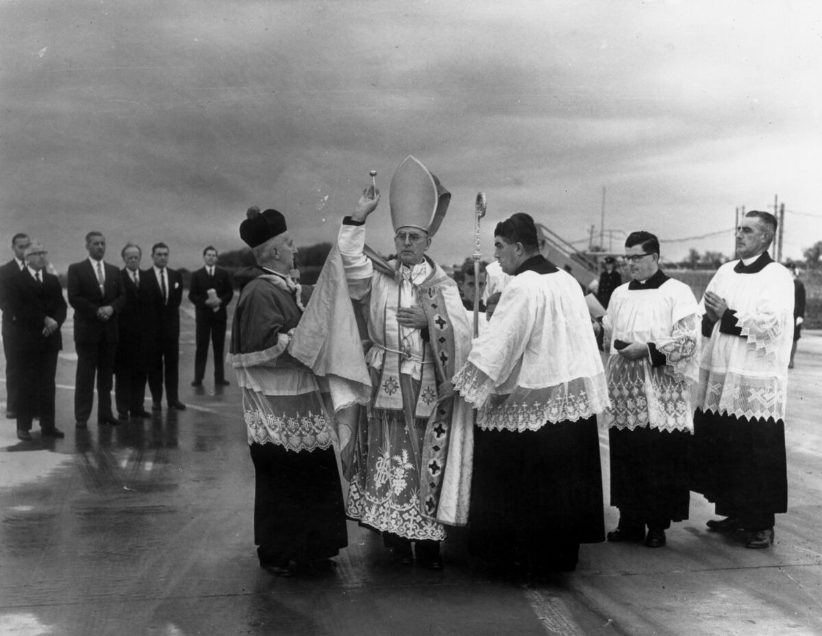 Bishop Con Lucey blessing at the opening of Cork Airport, 1961.