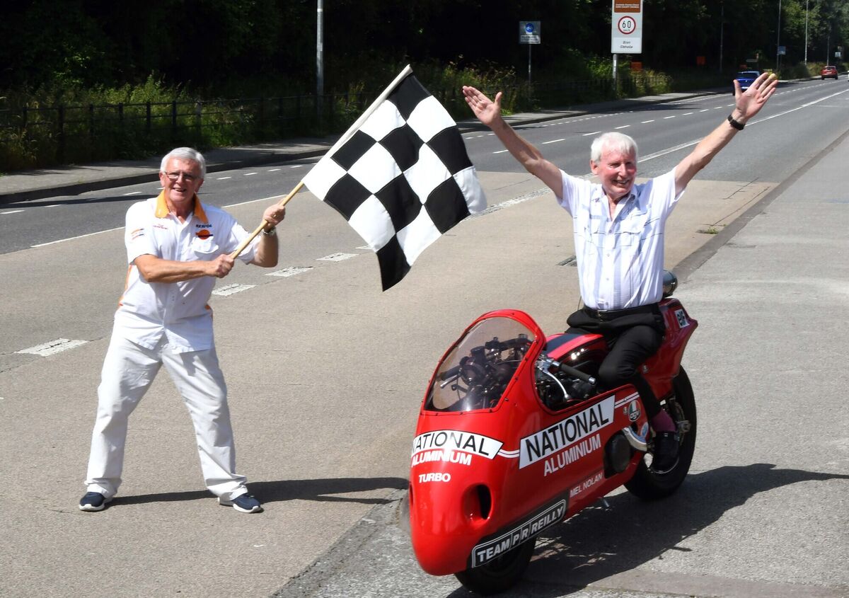Mel Nolan (right) and Denis Collins, team manager, at the Carrigrohane (Straight) Road, Cork, with the National Aluminium Turbo Honda Special. Mel Nolan (right) and Denis Collins, team manager, at the Carrigrohane (Straight) Road, Cork, with the National Aluminium Turbo Honda Special.