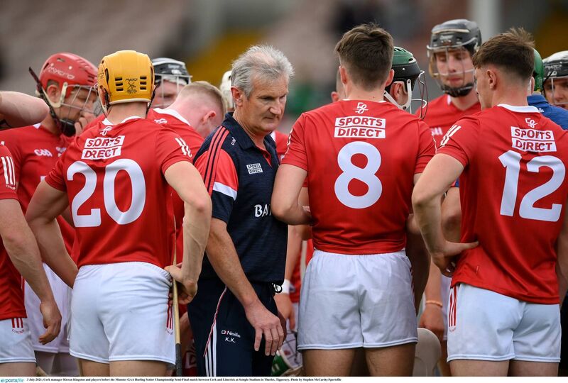 Cork manager Kieran Kingston and players in Thurles. Picture: Stephen McCarthy/Sportsfile
