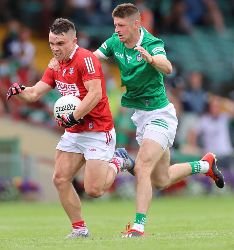 Sean Powter getting away from Danny Neville of Limerick during Cork's semi-final victory at the Gaelic Grounds. Picture: INPHO/James Crombie
