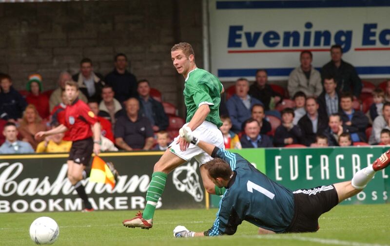Ireland U21 ace John O'Flynn hits the net against Germany. Picture: Eddie O'Hare