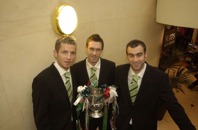 Cork City players John O'Flynn, George O'Callaghan and Dan Murray with the title in 2005. Picture: Provision