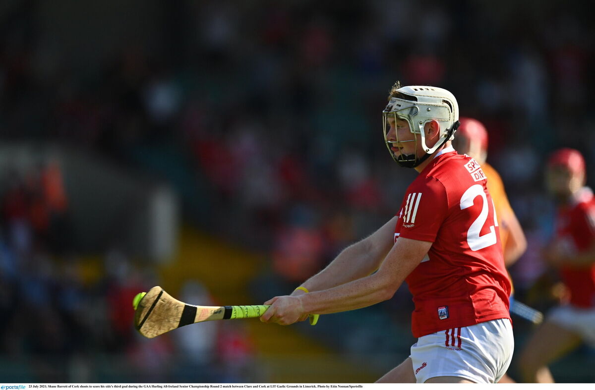 Shane Barrett of Cork shoots to score his side's third goal against Clare. Picture: Eóin Noonan/Sportsfile Shane Barrett of Cork shoots to score his side's third goal against Clare. Picture: Eóin Noonan/Sportsfile
