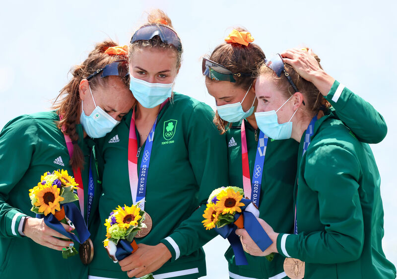Ireland's Aifric Keogh, Eimear Lambe, Fiona Murtagh and Emily Hegarty celebrate together after collecting their bronze medals. 	 ©INPHO/Morgan Treacy