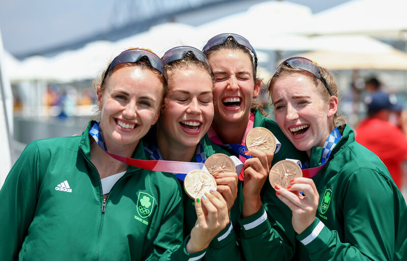 Bronze: Ireland's Aifric Keogh, Eimear Lambe, Fiona Murtagh and Emily Hegarty celebrate with their bronze medals. Picture: ©INPHO/Morgan Treacy