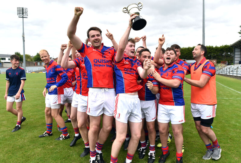 Dripsey captain Eoghan Maher and players celebrate after defeating Kilbrin in the Bon Secours Cork J'B'FC 2020 final at Pairc Ui Rinn