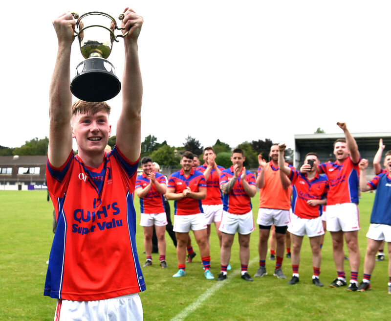 Dripsey captain Eoghan Maher and players celebrate after defeating Kilbrin in the Bon Secours Cork J'B'FC 2020 final at Pairc Ui Rinn