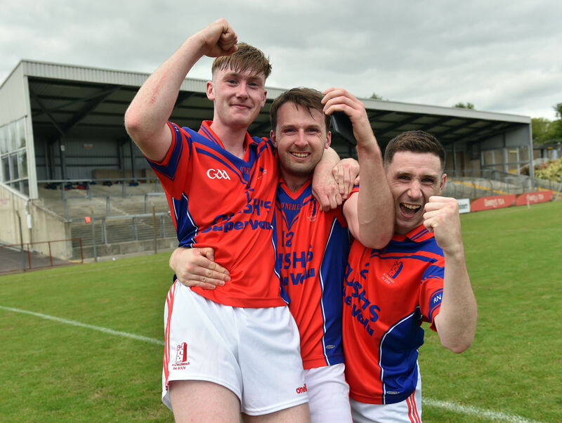 Dripsey captain Eoghan Maher, Michael O'Riordain and Dean Sullivan celebrate after defeating Kilbrin in the Bon Secours Cork J'B'FC 2020 final at Pairc Ui Rinn