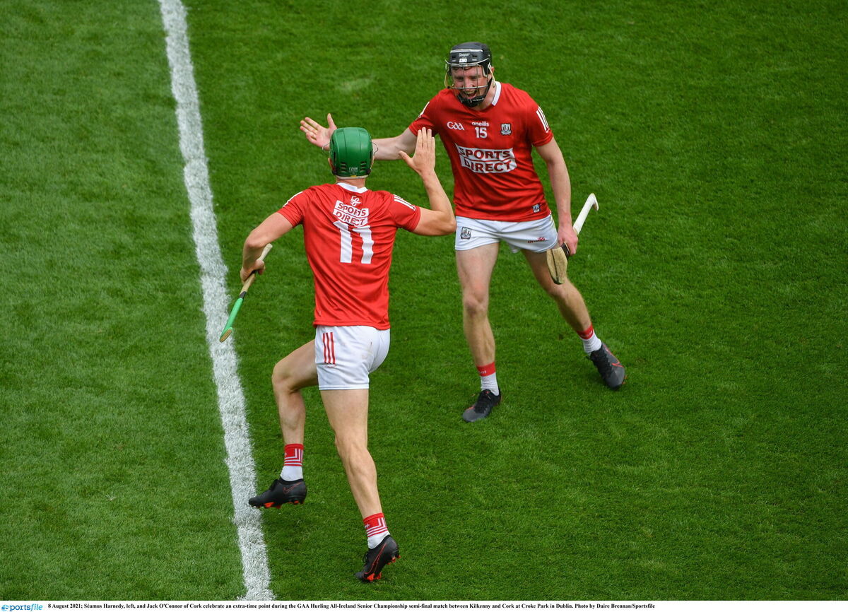Séamus Harnedy and Jack O'Connor of Cork celebrate an extra-time point at Croke Park. Picture: Daire Brennan/Sportsfile Séamus Harnedy and Jack O'Connor of Cork celebrate an extra-time point at Croke Park. Picture: Daire Brennan/Sportsfile