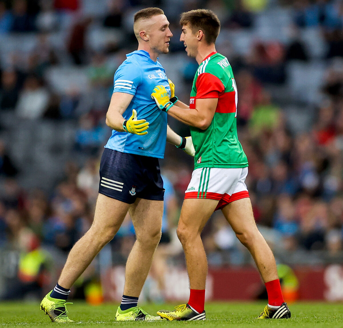 Tempers flare between Dublin's Paddy Small and Ryan O’Donoghue of Mayo. Picture: INPHO/James Crombie