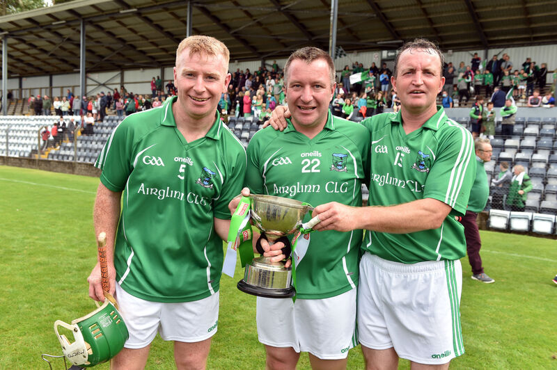 Araglen players Thomas Kenneally, Dave Browne and James Kearney, winners back in 1999, celebrate after defeating Freemount in the Co-Op Superstores J'B' HC 2020 final at Pairc Ui Rinn . Picture: Eddie O'Hare