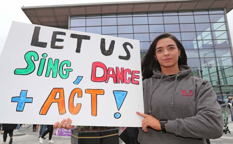 Aoibhìnn Quirke, ACA Performing Arts, Blackpool at the protest in response to a continued ban on indoor dance classes and stage schools, at Emmett Place, Cork. Aoibhìnn Quirke, ACA Performing Arts, Blackpool at the protest in response to a continued ban on indoor dance classes and stage schools, at Emmett Place, Cork.