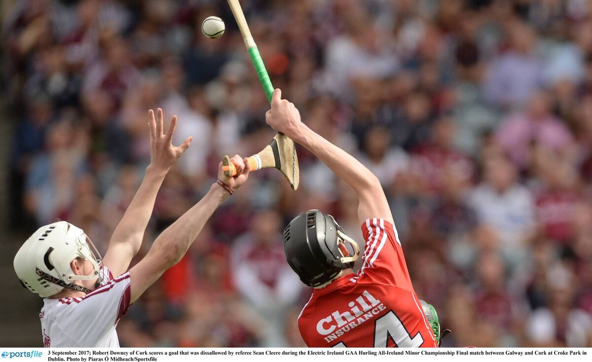 Robert Downey of Cork scores a goal that was ruled out by referee Sean Cleere during the Electric Ireland All-Ireland minor hurling final loss to Galway in 2017. Picture: Piaras Ó Mídheach/Sportsfile