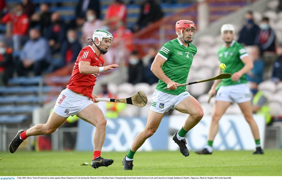 Barry Nash of Limerick in action against Shane Kingston of Cork. Picture: Stephen McCarthy/Sportsfile Barry Nash of Limerick in action against Shane Kingston of Cork. Picture: Stephen McCarthy/Sportsfile