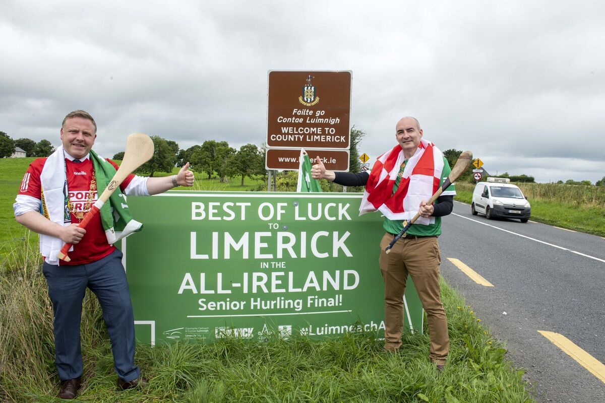 HURLEYS AT HIGH NOON: the Lord Mayor of Cork, Cllr Colm Kelleher and the Mayor of the City and County of Limerick, Cllr Daniel Butler, battle it out at the Cork/Limerick border.