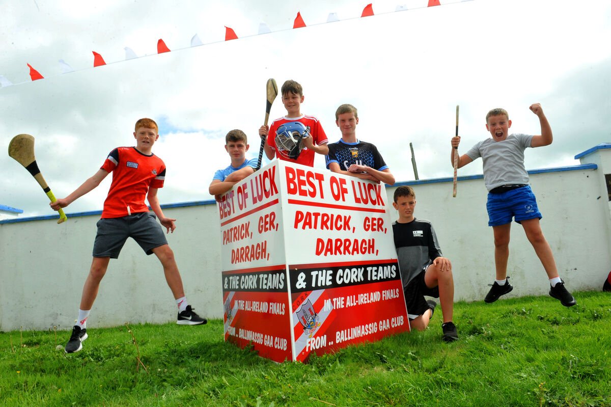 Cork hurling fans display RED AND WHITE flags, posters and bunting at Ballinhassig GAA. (l to r) Jack Griffin, Brian Nagle, Shane Griffin, Aron Cussen, Alan Nagle and Cian Nagle look forward to the game. Cork hurling fans display RED AND WHITE flags, posters and bunting at Ballinhassig GAA. (l to r) Jack Griffin, Brian Nagle, Shane Griffin, Aron Cussen, Alan Nagle and Cian Nagle look forward to the game.
