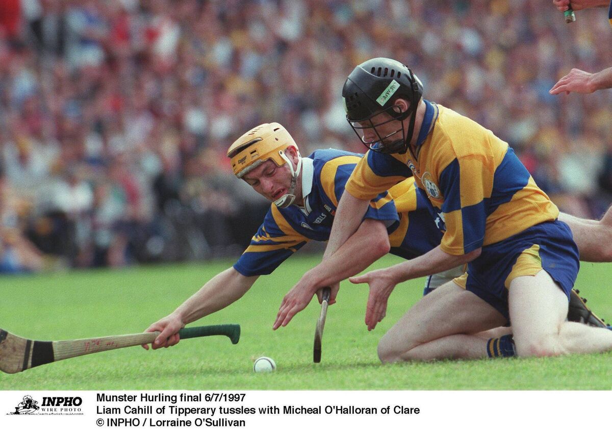 Liam Cahill of Tipperary tussles with Michael O'Halloran of Clare in the 1997 Munster hurling final. They'd meet again in the All-Ireland. Picture: INPHO/Lorraine O'Sullivan