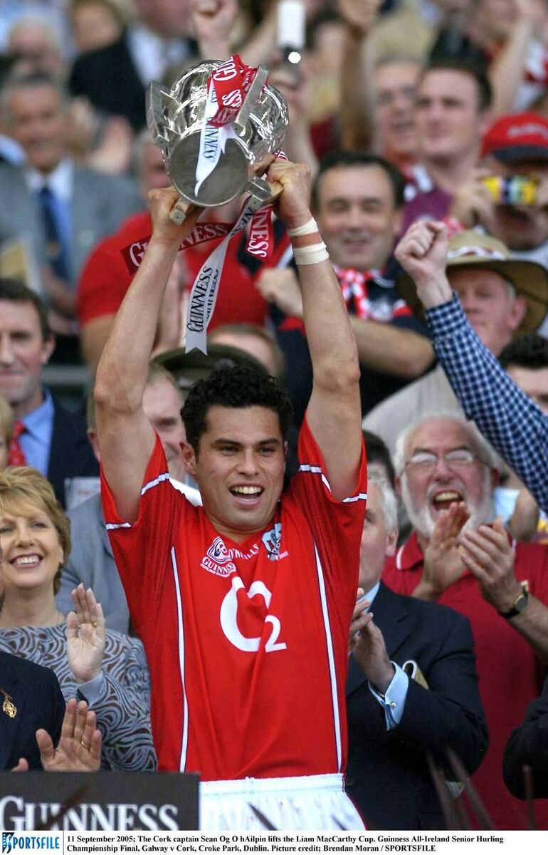 September 11, 2005, Cork captain Seán Óg Ó hAilpín lifts the Liam MacCarthy Cup. Picture credit: Brendan Moran / SPORTSFILE