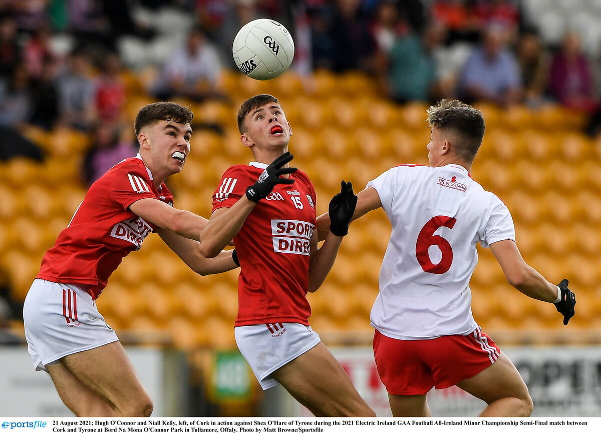 Hugh O'Connor and Niall Kelly, left, of Cork in action against Shea O'Hare of Tyrone. Picture: Matt Browne/Sportsfile Hugh O'Connor and Niall Kelly, left, of Cork in action against Shea O'Hare of Tyrone. Picture: Matt Browne/Sportsfile