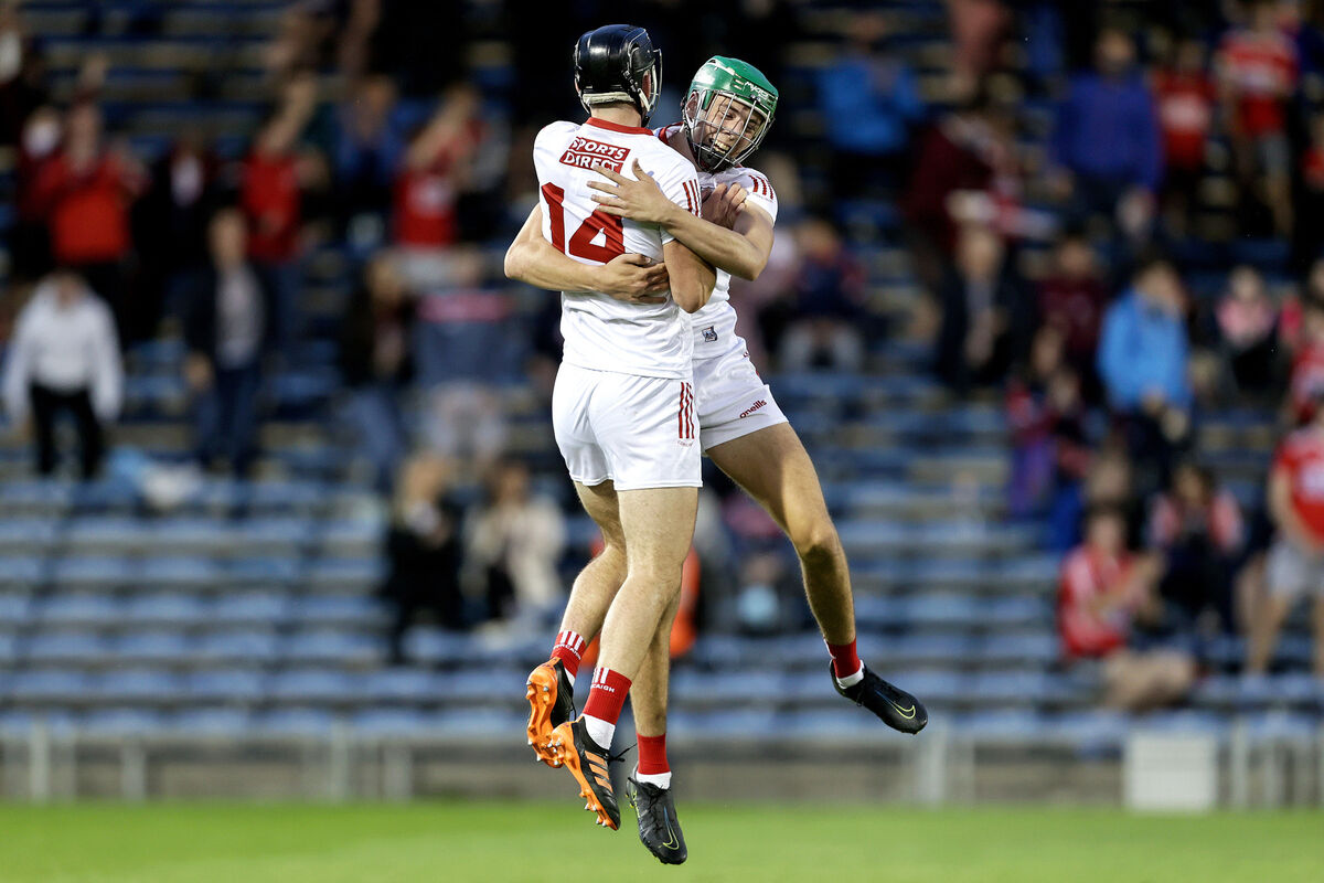 Cork's Padraig Power celebrates at the final whistle with Ben Cunningham after winning the U20 title. Picture: INPHO/Laszlo Geczo