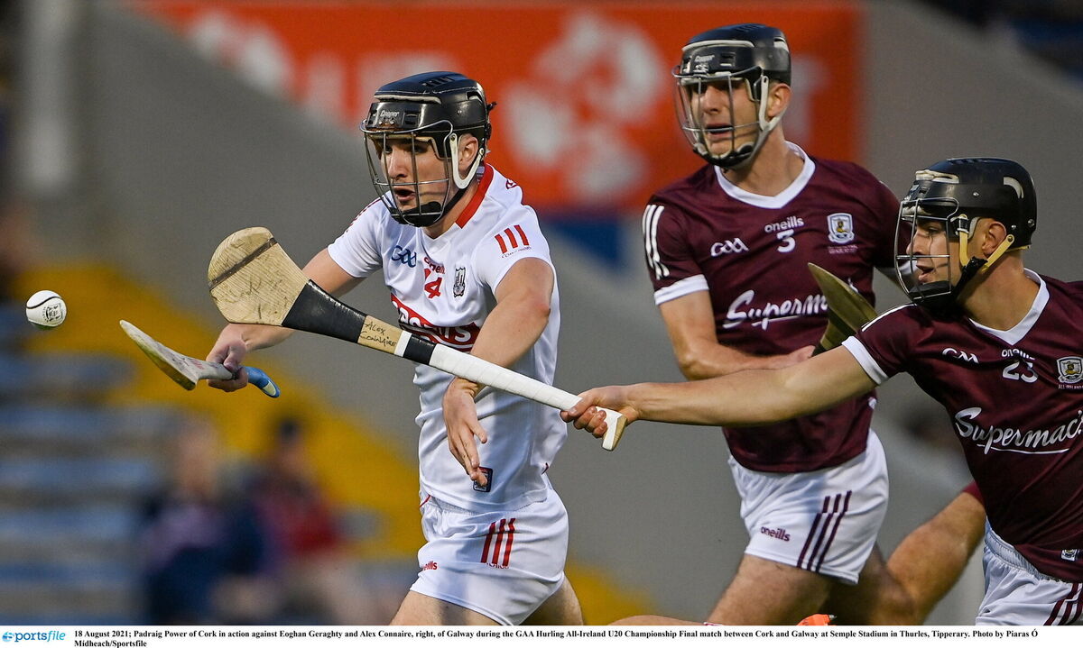 Padraig Power of Cork in action against Eoghan Geraghty and Alex Connaire. Picture: Piaras Ó Mídheach/Sportsfile