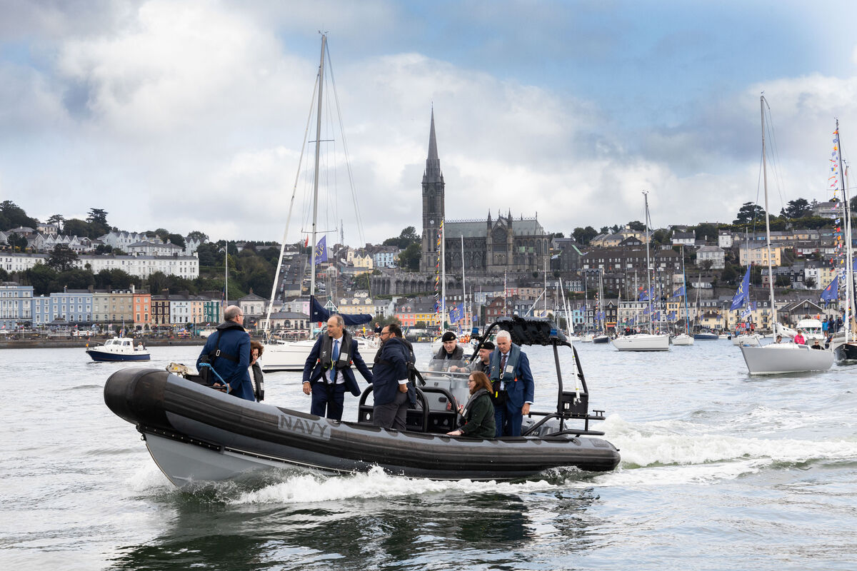 An Taoiseach Micheal Martin with Minister of Foreign Affairs and Defence Simon Coveney TD, Mayor of Cork County Cllr Gillian Goughlan and Colin Morehead, Admiral RCYC for Royal Cork Yacht Club Tricentenary Maritime Parade on Saturday afternoon. Pic Darragh Kane